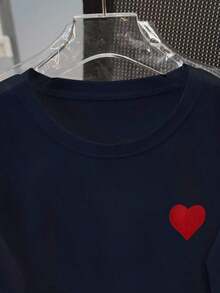 Women's Loose-Fitting T-Shirt With Embroidered Heart In Plus Size - Navy Blue - View 3