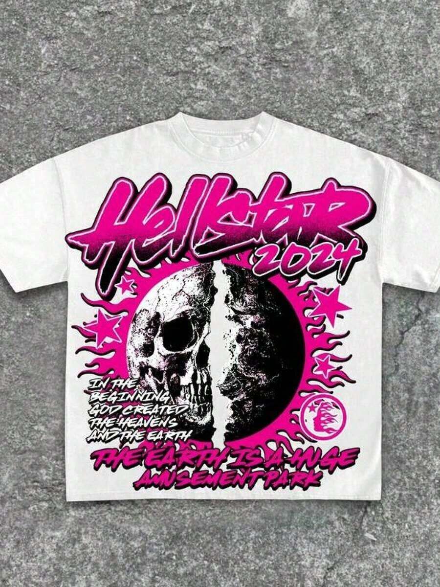 Graphic-Shirt Cotton Tees Size Plus,Hellstars 2024 Earth Is A Huge Amusement Park Y2K Graphic-Shirt,220g% Cotton,Round Neck Short Sleeve,White Streetwear Essential,Unisex Style ,Y2K,Oversized Shirt Men,Summer Tops - 白色 - 查看 1