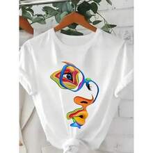 Women's Colorful Abstract Face Print Crew Neck T-Shirt, Casual And Fashionable Short Sleeve T-Shirt For Everyday Wear, Summer Clothes For Women - 白色 - 查看 2