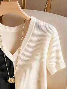 Camiseta de mujer elegante y casual de cuello en V y manga corta - Multicolor - Ver 5
