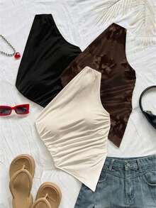 3 piezas Conjunto informal de verano de 2 piezas para mujer con parte superior de hombro asimétrico y bajo asimétrico, adecuado para volver al colegio, té de la tarde, casual, invitada a boda en la playa, brunch de graduación, Día de San Patricio, - Multicolor 6 - Ver 6