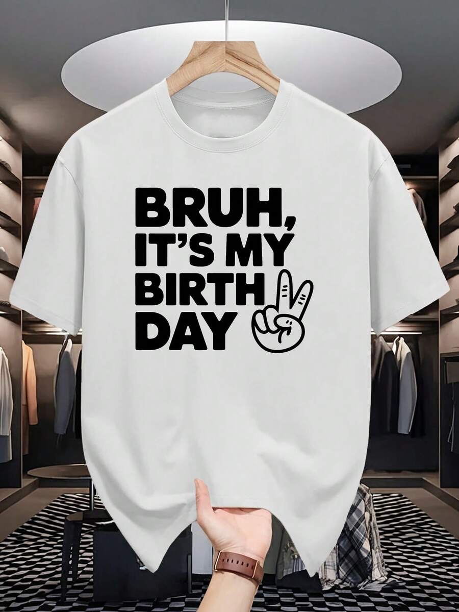0911 BRUH IT'S MY BIRTHDAY Camisetas de Verano de Manga Corta para Hombre, Camisetas Estampadas Elegantes y Modernas para Hombre, Tops Casuales Versátiles con Cuello Redondo para Adolescentes Masculinos en Primavera y Verano - Blanco - Ver 1