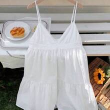 Women's Summer Vacation Casual Cotton And Linen White Hollow Embroidery Patchwork Spaghetti Straps Mini Dress,Summer Dresses For Women,White Dresses For Women - Azul - Ver 7