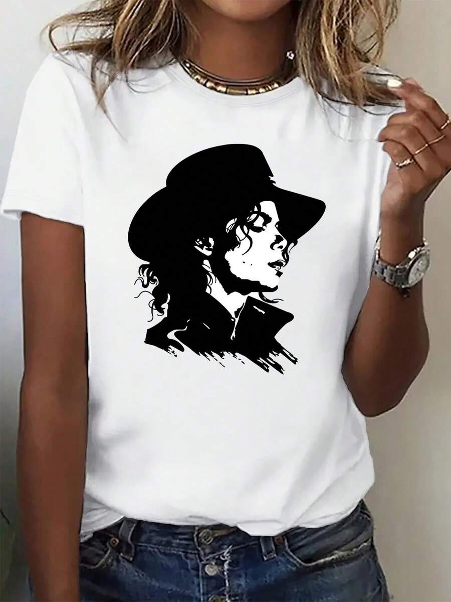 Camiseta Casual de Mujer Nueva Colección Otoño - Estampado Clásico Retrato, Cómoda y Elegante con Cuello Redondo para Deportes Correr Moda, Personalidad Divertida Suave Transpirable Ropa casual Fiesta Celebración Vacaciones Navidad Halloween Campus Graduación Regalo Unisex Pareja Hermana Conjunto - Blanco - Ver 1
