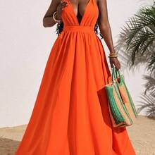Slayr Women's Sexy Solid Orange Deep V-Neck Backless Cross Tied Long Dress, Summer Vacation - Naranja - Ver 8