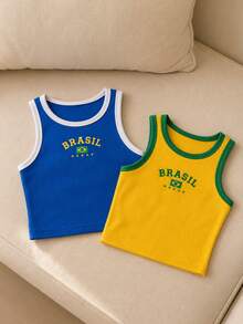 Kit Of 2 Brazil Women's Tank Top Ribbed Jerseys, World Cup Fashion - Blue + Yellow - View 3