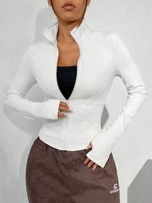 Chaqueta de manga larga de punto ajustada con protección solar para mujer en otoño/invierno, color albaricoque - Blanco - Ver 6