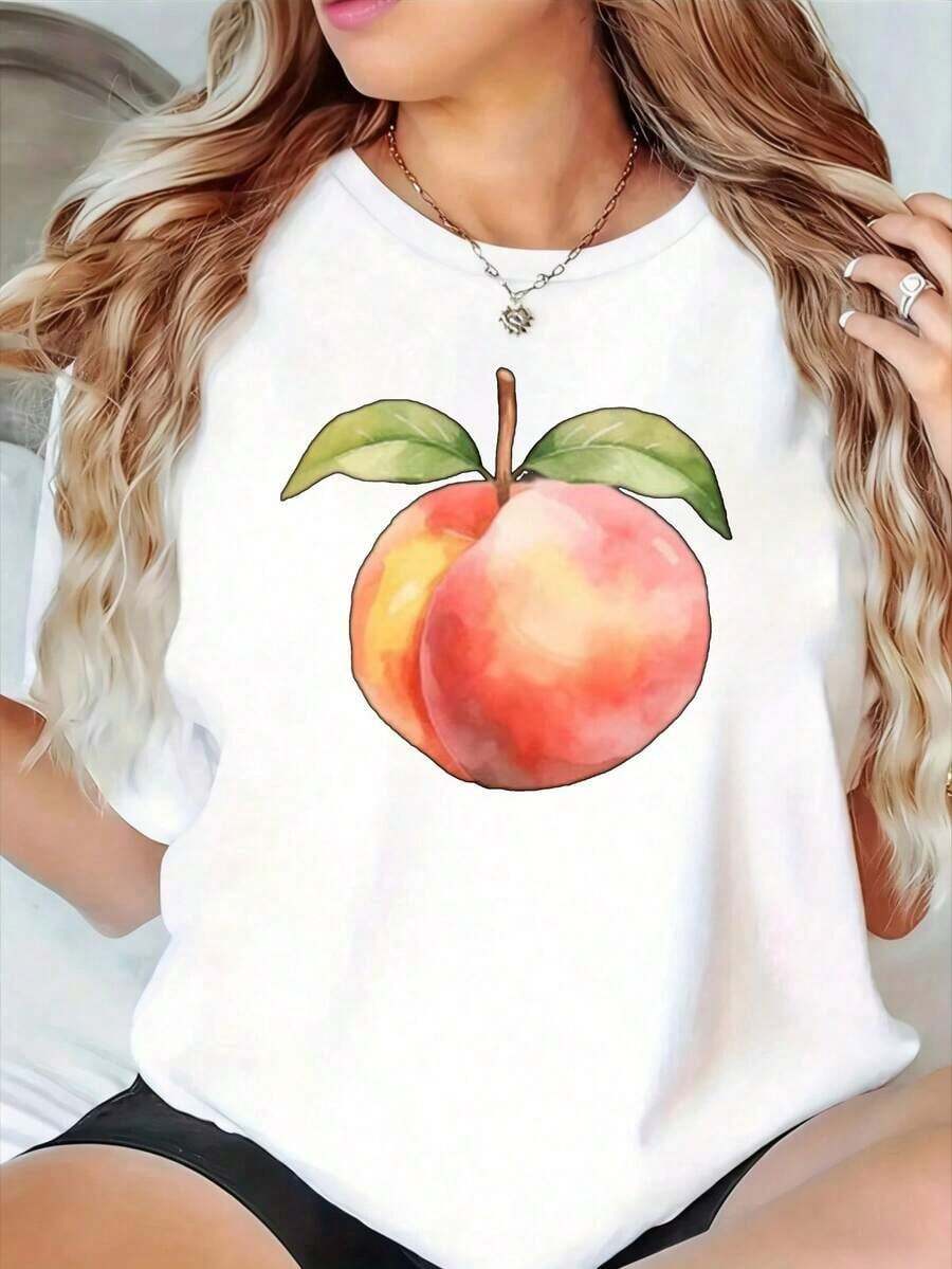 Camiseta Casual Unisex con Estampado Gráfico de Melocotón para Mujer, Top Casual de Verano, Camiseta de Moda, Regalos para Festivales - Blanco - Ver 1