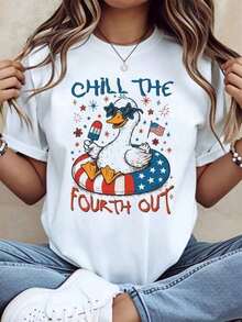 "Chill The Fourth Out Duck Patriotic USA" Crew Neck T-Shirt For USA Independence Day, Women's Summer Casual Graphic Tee, Clothing For The 4th Of July Celebration. - 白色 - 查看 9