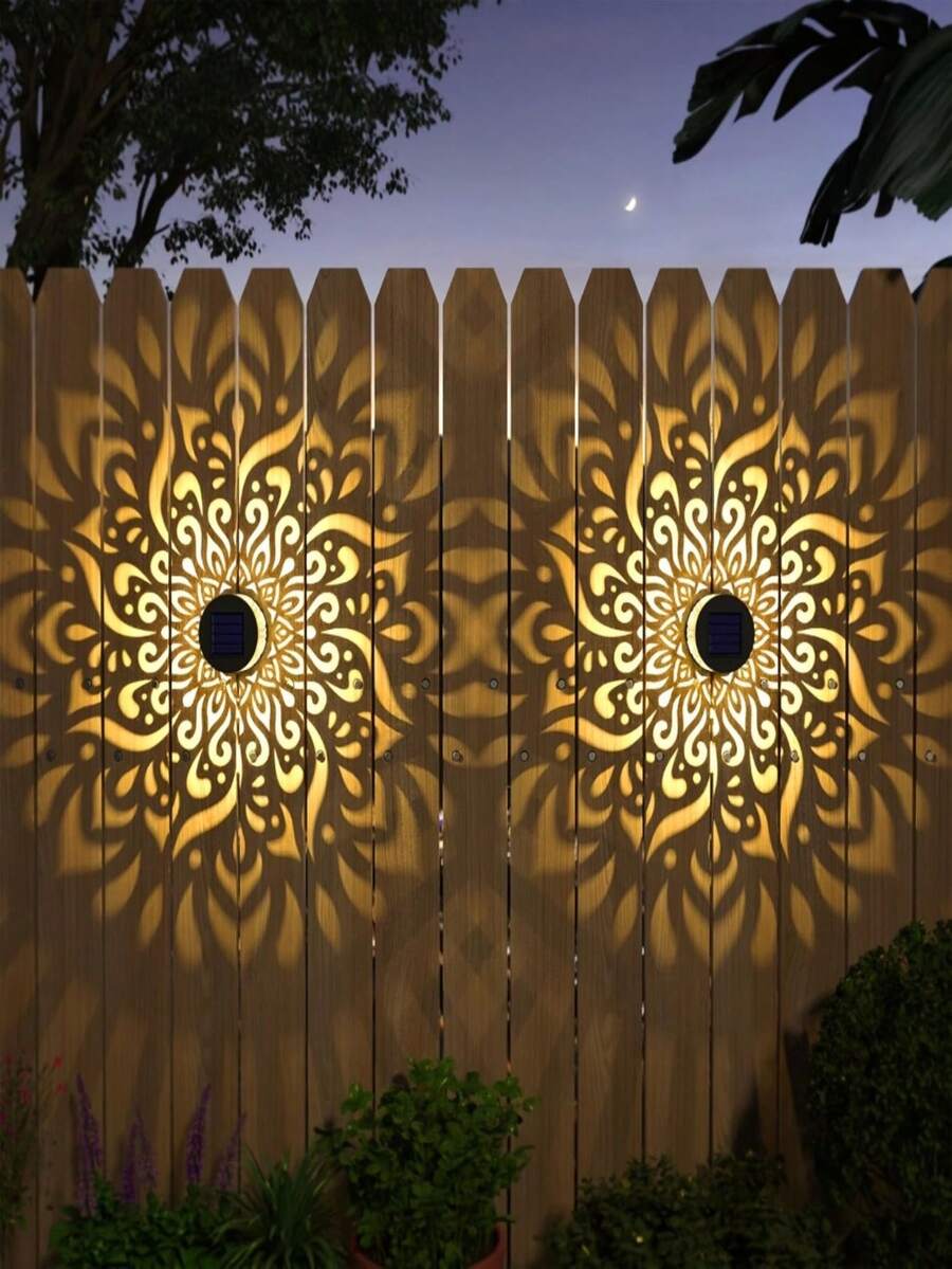 4pcs Round Solar Wall Lights, Mandala Pattern Projector Lights, Outdoor Garden Lights, Suitable For Walls, Fences, Gardens, Courtyards, Patios, Lawns, Home Decor, Holiday Decorations, Wedding Decorations, Birthday Decorations, And Party Decorations,