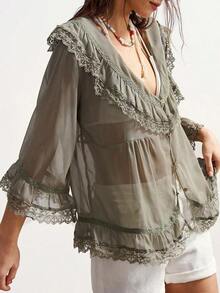Blusa holgada de unicolor con cuello en V y dobladillo con volantes para mujer - Verde - Ver 2