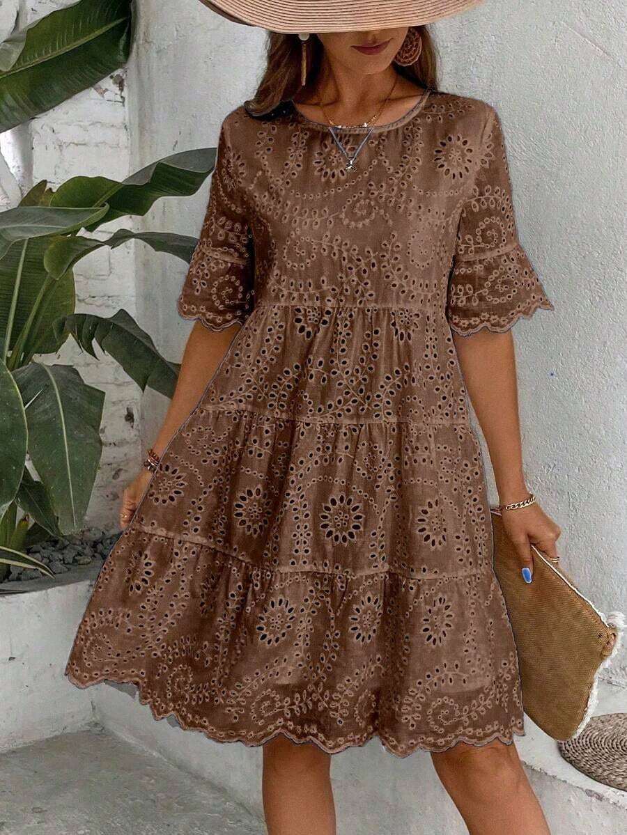 Women's Embroidered Round Neck Casual Dress For Parties And Outings - 棕色 - 查看 1