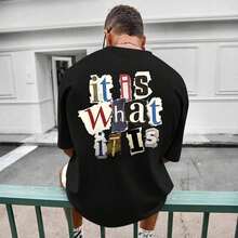Camisetas Gráficas Oversize para Hombre, Camiseta con Estampado 'Es Lo Que Es', Estilo Vintage Streetwear, Camisetas Holgadas Grunge de Estilo Rapero 8VGP - Negro - Ver 4