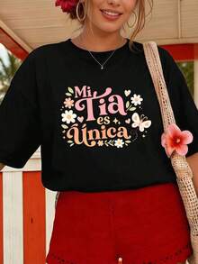 ComfortableCamiseta con estampado de tía para mujer, regalo de algodón suave, informal, cómoda, duradera, dise?o gráfico, nuevo lanzamientoLoose Versatile Short Sleeve T-shirt for Women - Negro - Ver 1