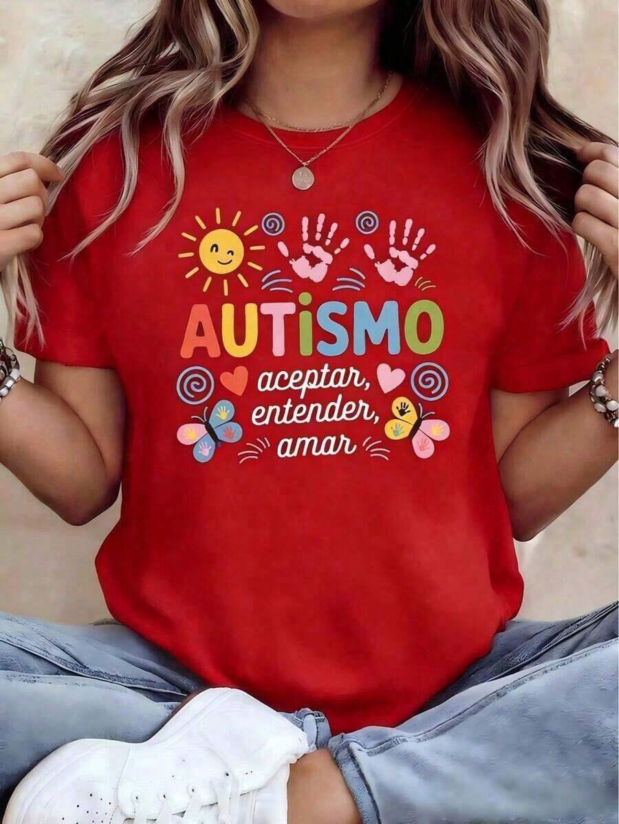 ComfortableCamiseta de algodón puro para mujer,Camiseta de algodón puro para mujer,Playera Negra Autismo "Aceptar, Entender, Amar" | Diseño Colorido con Manos y Sol | Ideal para la Concientización sobre el Autismo en México. Camiseta Holgada y Versátil de Manga Corta para Mujer. - Rojo - Ver 1