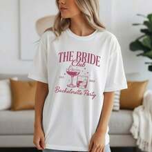 Camiseta de algodón con estampado de fiesta de despedida de soltera para mujer, manga corta, cuello redondo, estilo casual, para fiesta de despedida de soltera, tallas S-5XL. Adecuada para primavera, verano y otoño. - Blanco - Ver 7