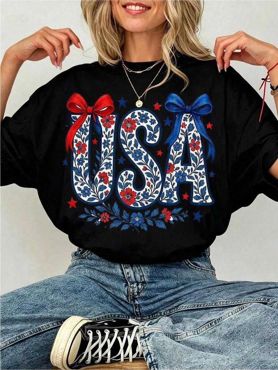 Camiseta Casual de Algodón 100% para Mujer con Estampado Gráfico Floral de la Bandera de EE. UU., Top Estético Patriótico Coqueta, Estilo Y2K para el 4 de Julio, Ropa de Verano Suave y Transpirable, Ropa Casual Urbana, Regalo Único para Ella. - Negro - Ver 1