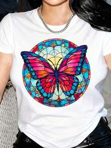 Camiseta Casual 1 Pieza para Mujer con Estampado de Mariposa en Vitral - Tonos Vibrantes Rojo, Azul y Morado, Suave y Transpirable, Corte Holgado y Relajado, Cuello Redondo Clásico, Manga Corta, Ropa Casual de Verano, Estilo Boho-Chic con Diseño Intrincado de Alas Multicolor, Comodidad para Todas las Temporadas, Patrón Geométrico, Tela No Elástica, Corte Holgado para Combinar con Otras Prendas, Cuello Redondo, Manga Corta, para Salidas Casuales y Uso Diario, Pieza de Moda Cómoda y Elegante, Artículo de Almacén Local para Mujer, Camiseta para Mujer 100% Algodón, Duradera - Blanco - Ver 6