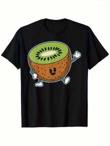 Funny Personalized Kiwi Birthday Party T-Shirt - Dancing Kiwi With Glasses Design - Thick Cotton For Men, Women, And Teens, Soft And Breathable For Casual Everyday Wear - Perfect Gift For Fruit Lovers (Black, Size S), Cartoon Character Design, Durable Material - Unisex Short Sleeve T-Shirt, Crew Neck, Loose Cotton, Urban Vintage Style - 黑色 - 查看 1