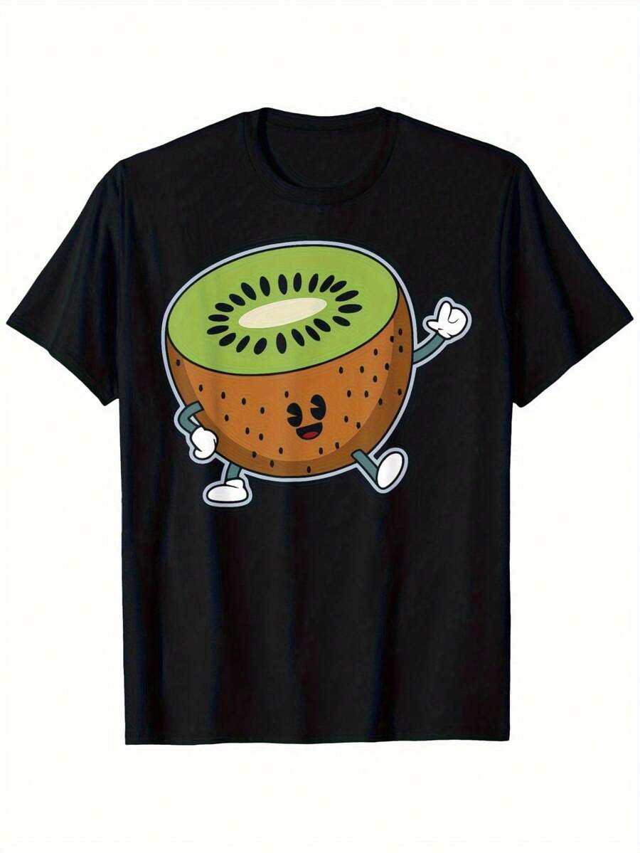 Funny Personalized Kiwi Birthday Party T-Shirt - Dancing Kiwi With Glasses Design - Thick Cotton For Men, Women, And Teens, Soft And Breathable For Casual Everyday Wear - Perfect Gift For Fruit Lovers (Black, Size S), Cartoon Character Design, Durable Material - Unisex Short Sleeve T-Shirt, Crew Neck, Loose Cotton, Urban Vintage Style - 黑色 - 查看 1