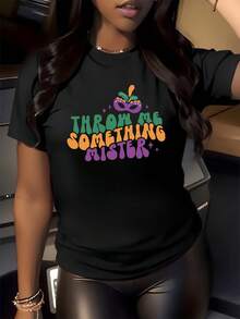Colorful Mask With Festive Lettering That Evokes The Joy And Spirit Of Carnival, Highlighting A Fun And Vibrant Expression That Conveys Positive Energy And Celebration. Comfortable, Modern Casual Women's T-Shirt For Parties And Outings. - Black - View 8