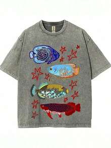 100% Washed Cotton Graphic T-Shirt With A Fish Jumping Over A Dragon Gate Print, High-Quality Retro Batik Fashion Brand T-Shirt, Unisex, Casual, Party Favor, Perfect Gift. Men's Clothing - Unisex Urban Vintage Style Loose Fit Cotton Short Sleeve T-Shirt, Spring Tops, Summer Shirts, Autumn Short Sleeve T-Shirt - 風格 - 查看 7
