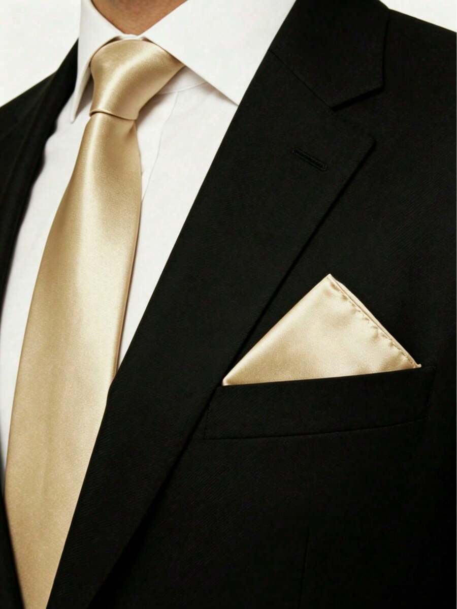 1 Set Solid Color Necktie & Pocket Square Set, 8cm Handmade Tie & Handkerchief Set, Suitable For Weddings, Galas, Parties, Gatherings, Formal Dinners - Gold - View 1