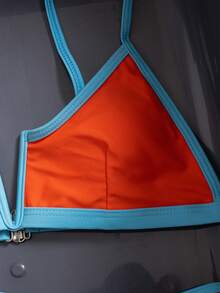 Bộ bikini không gọng cổ chữ V màu cam phối viền tương phản dành cho nữ, 2 mảnh. - trái cam - Xem 4