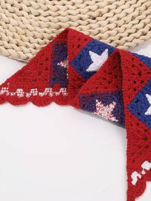 1pc Knitted Pentagram Embroidered Triangle Scarf, Women's Head Wrap, Daily/Travel/Vacation Sun Protection Hair Accessory Vacay Bandanas - Red - View 6