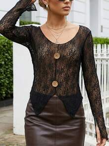 Women's Spring Summer V Neck Tops Jacquard Textured Slit Button Long Sleeve Sheer Blouse - Black - View 2
