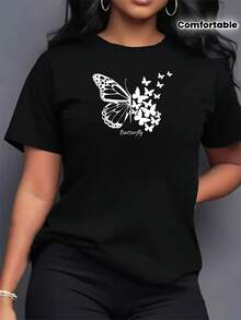 Camiseta de manga corta cómoda para mujer con estampado de mariposas vintage, camiseta deportiva floral para damas, camiseta gráfica, top para mujer, camiseta de algodón, ropa casual. - Negro - Ver 1