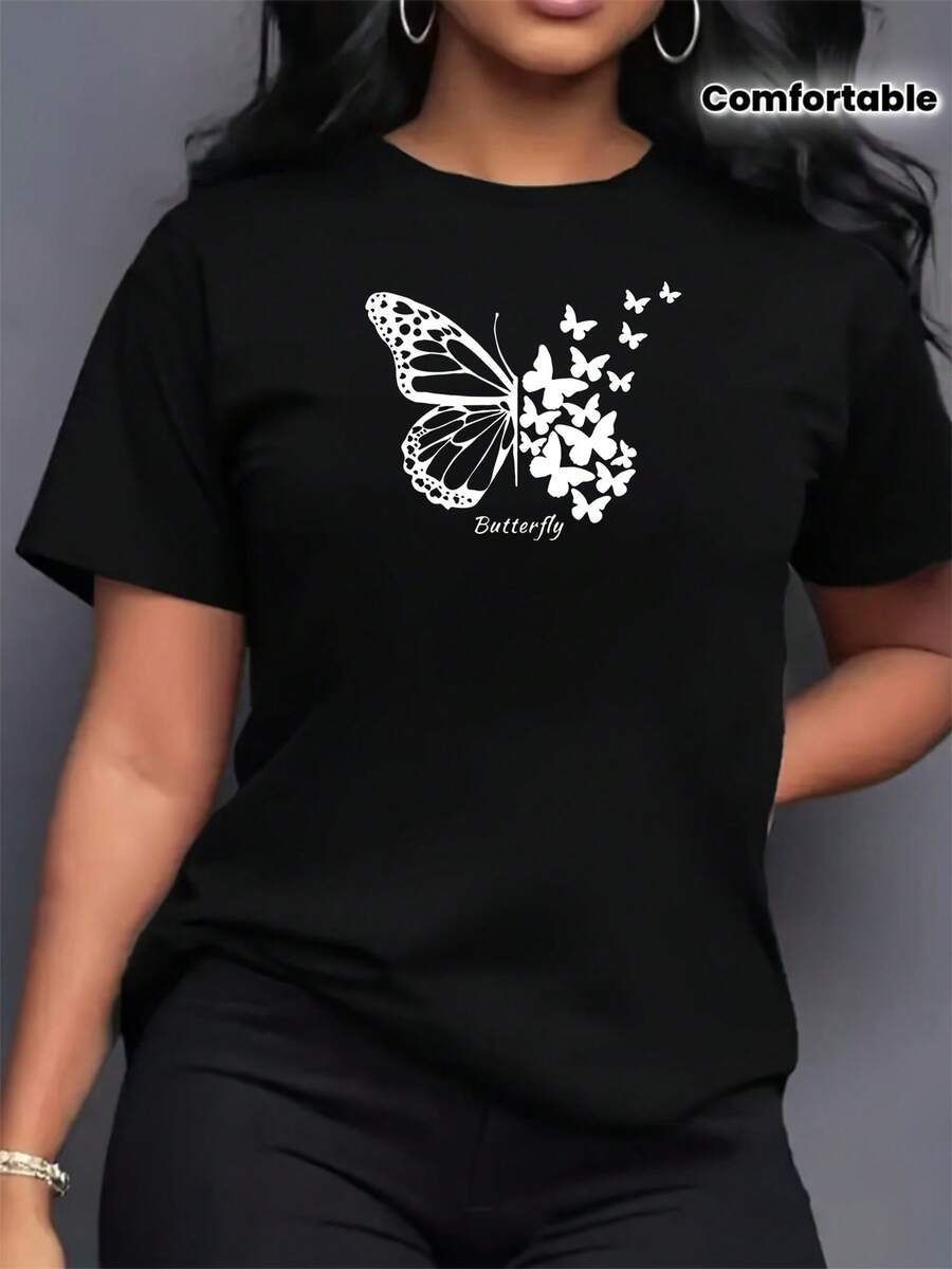 Camiseta de manga corta cómoda para mujer con estampado de mariposas vintage, camiseta deportiva floral para damas, camiseta gráfica, top para mujer, camiseta de algodón, ropa casual. - Negro - Ver 1