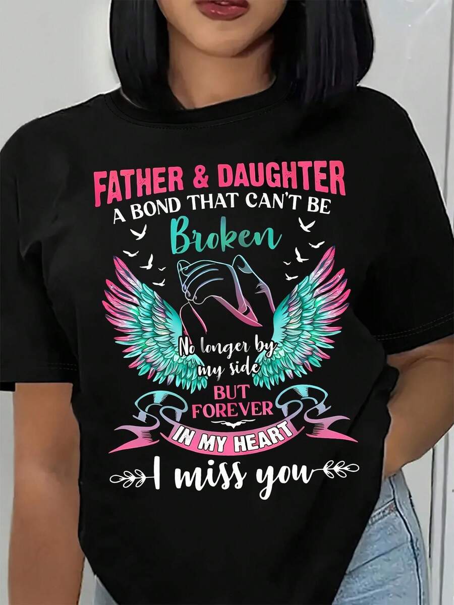 Women'S Parent- Eternal Bond Pattern T-Shirt- Black Wings And Warm Quotes Design, Casual Round Neck Short Sleeve, All-Season Comfortable, Machine Washable Dad Daughter Shirt, Family Bond Decoration, High-Quality Printed Shirt, Family Int - 黑色 - 查看 1