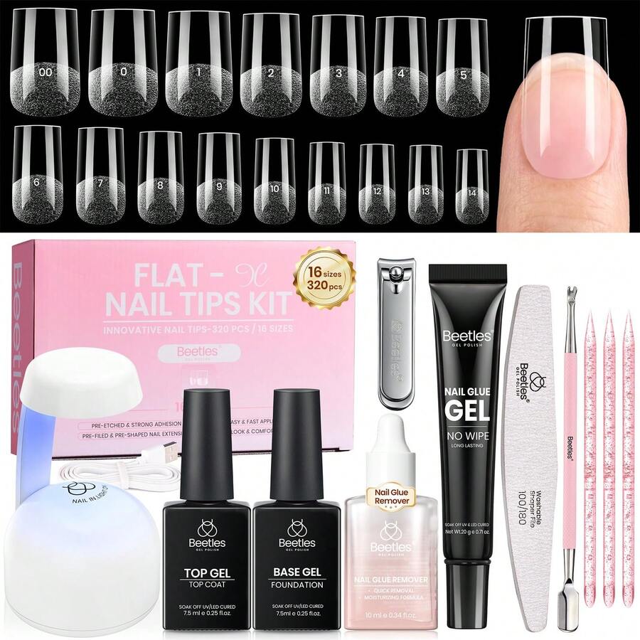 Beetles 320Pcs 16Sizes Flat-X Square Short Nail Tips Kit, 20g Hand-Free Nail Glue Gel, 10ml Glue Remover, 7.5ml Base Gel & Top Coat With Mini UV Lamp, Acrylic Press On Nail Extension DIY Home Manicure - 320Pcs Square Short (Hand-Free Glue+Remover) - 查看 1
