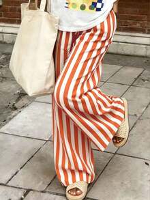 Pantalones sueltos y casuales a rayas para mujer, pantalones ligeros y cómodos de estilo bohemio elegante para primavera, verano y otoño, vacaciones en color rosa - Naranja Quemada - Ver 6