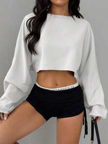 Women's Loose-Fitting Solid Color Crop Top, Black, Spring - White - View 2