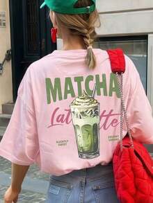 Camiseta de mujer de manga corta y cuello redondo holgada, con estampado gráfico con tema de Matcha Latte, adecuada para vacaciones, oficina, salidas, uso diario, citas, fiestas casuales - Rosa - Ver 8