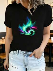 Camiseta de verano para mujer de manga corta con estampado, moderna y casual, lavable a máquina, ajuste cómodo con estampado plano 2D. - Negro_01 - Ver 12