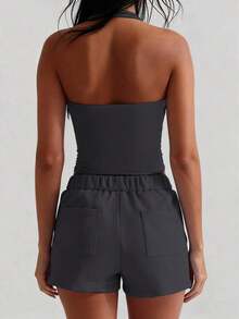 Camiseta sin espalda sexy, top de verano con cuello cuadrado elástico, ajuste casual y elegante para mujeres, color blanco - Gris Oscuro - Ver 4