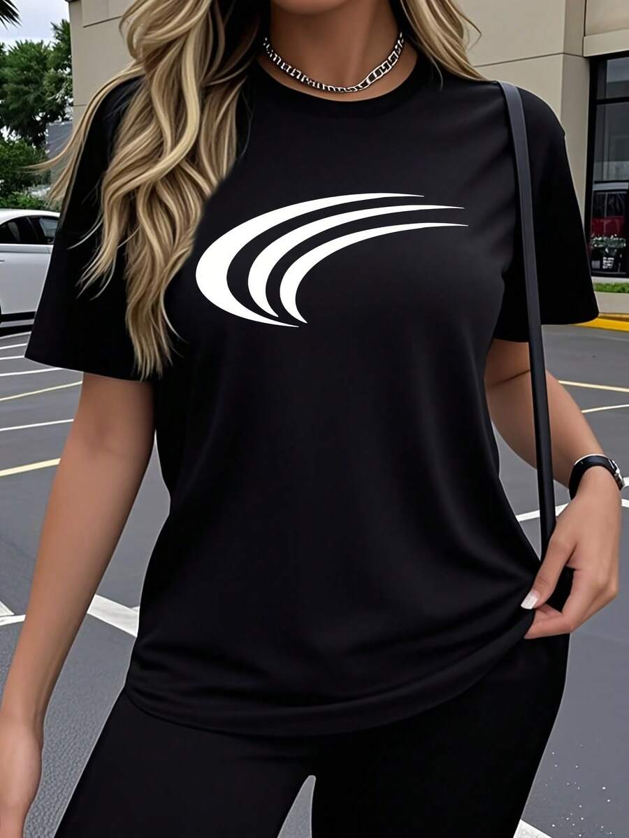 Women's One-Piece Short-Sleeve T-Shirt With A Creative Geometric Design. This Artistic And Modern Design Features Popular And Interesting Prints. The Breathable And Stretchy Crew Neck Top Is Comfortable For Outdoor Wear In Spring, Summer, And Autumn. This Casual, Loose-Fitting, And Simple Crew Neck Top Boasts A Y2K Style. Made From Soft Fabric, It's A Modern Printed Shirt Perfect For Everyday Wear. Breathable And Comfortable, This Short-Sleeve Sports T-Shirt Is Ideal For Casual Workouts And Fitness Training. A Very Distinctive Printed T-Shirt, Unisex In Style, Suitable For Both Men And Women, Wrinkle-Resistant, And Breathable. - 黑色 - 查看 1