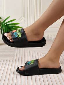 新款女式平底軟底拖鞋，彩色花卉印花，休閒輕量透氣舒適居家拖鞋，適合戶外穿著、購物、派對、走路，具備緩衝功能 - 黑色 - 查看 10