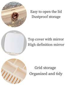 1pc Luxury Sparkling Rhinestone Jewelry Box, Makeup Lipstick Storage Box For Necklace Earrings Rings, Portable Travel Jewelry Case With Mirror, Elegant Gift For Girls And Women - Silver - View 10