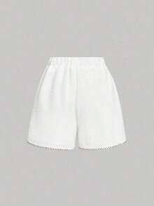 Shorts de cintura media en unicolor de terciopelo con contraste de color y lazo - Blanco - Ver 2