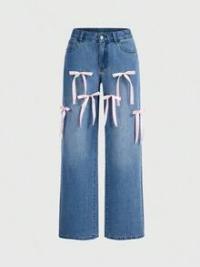 Jeans casuales sueltos y acampanados con decoración de lazo y bolsillos para mujeres - Lavado ligero - Ver 5