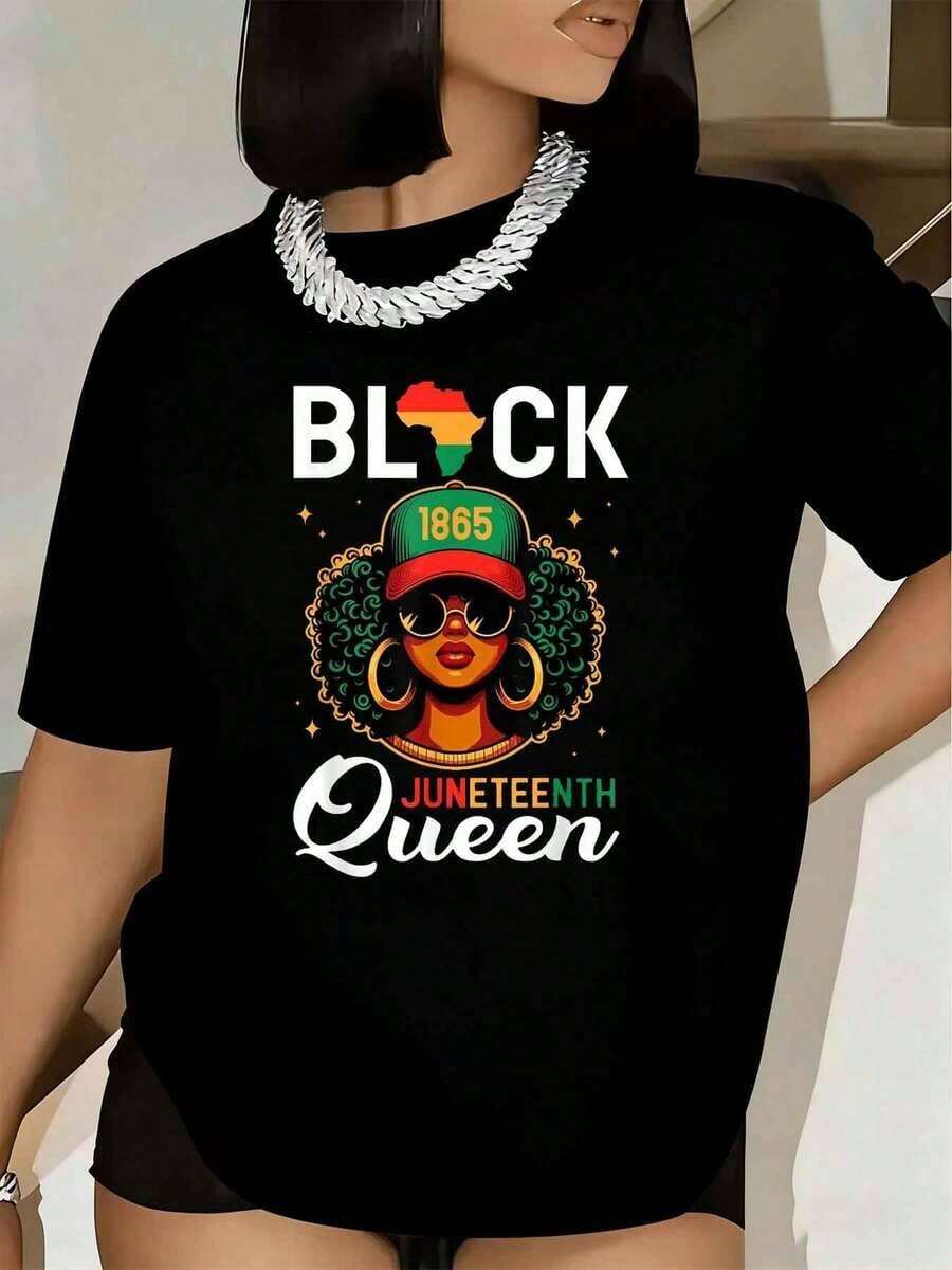 Women's T-Shirt Queen Juneteenth 1865 Graphic Women's Afro Short Sleeve Crew Neck Casual Summer Holiday Celebration T-Shirt 220g - 黑色 - 查看 1