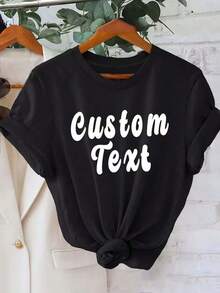 Letter Print T-Shirt, Short Sleeve, Round Neck, Casual Top For Summer And Spring, Women's Clothing | Relaxed Fit | Plus Size Blouses For Women - 黑色 - 查看 1