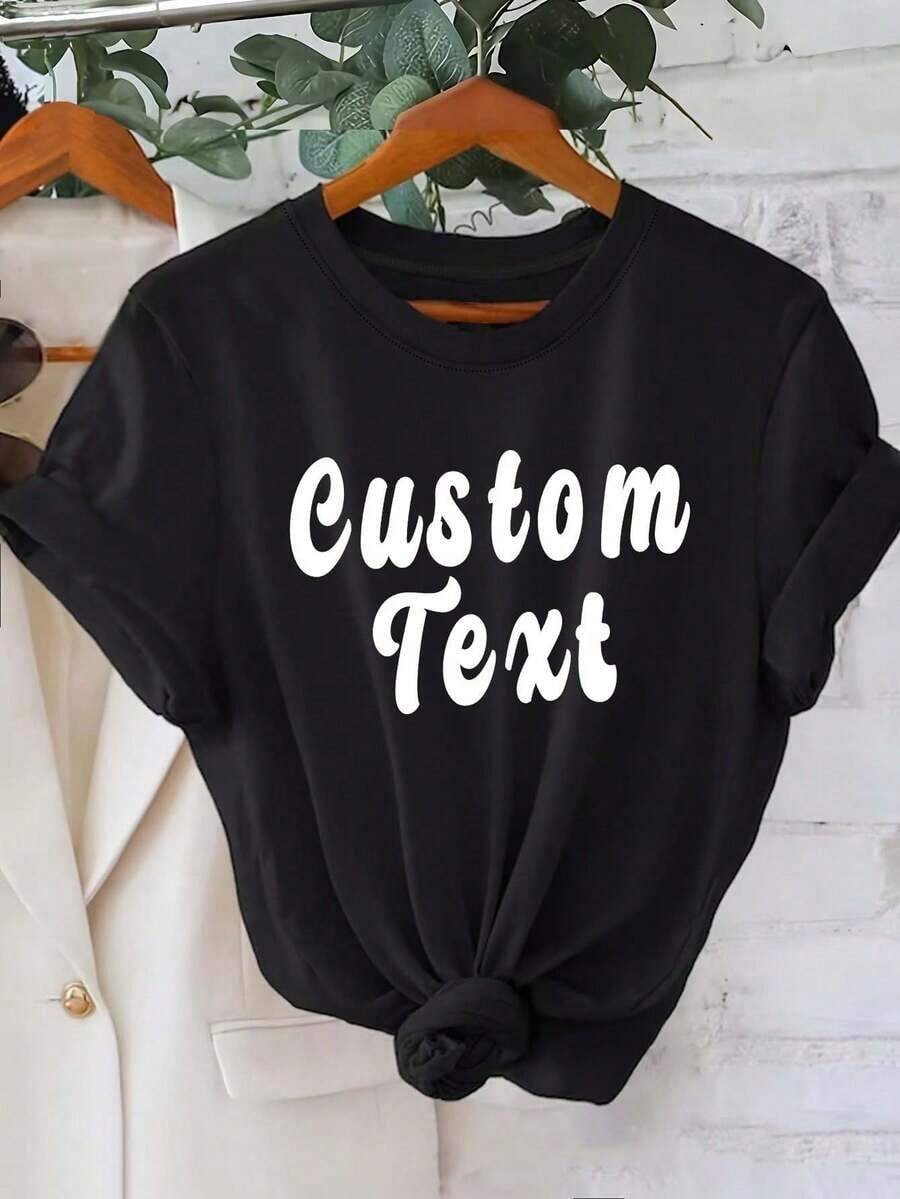 Letter Print T-Shirt, Short Sleeve, Round Neck, Casual Top For Summer And Spring, Women's Clothing | Relaxed Fit | Plus Size Blouses For Women - 黑色 - 查看 1