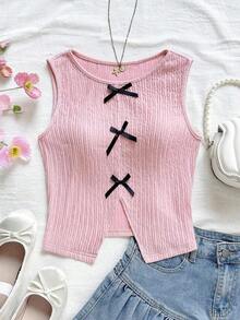 Blusa sin mangas con cuello redondo, bloque de color, lazo y abertura en la espalda, de estilo informal para mujer - Rosa - Ver 4