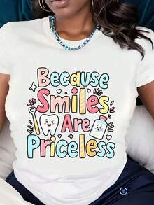 Women's Graphic Short Sleeve T-Shirt Because Smiles Are Priceless With Toothbrush And Toothbrush Print. Casual Wear For Dentists, Dental Hygienists, And Smile Lovers. Comfortable Fabric. Perfect As A Gift. Women's T-Shirt/Blouses - 白色 - 查看 1