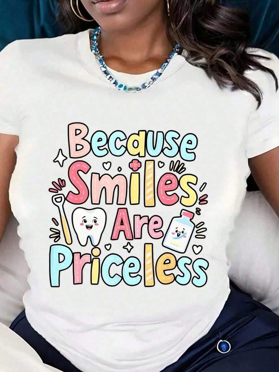 Women's Graphic Short Sleeve T-Shirt Because Smiles Are Priceless With Toothbrush And Toothbrush Print. Casual Wear For Dentists, Dental Hygienists, And Smile Lovers. Comfortable Fabric. Perfect As A Gift. Women's T-Shirt/Blouses - 白色 - 查看 1